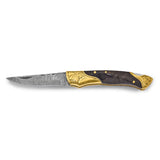 Luxury Giftware Damascus Steel 256 Layer Folding Blade Brass Guard Ram Horn Handle Knife with Leather Sheath and Wooden Gift Box