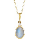 14K Yellow Gold 8x6 mm Natural Rainbow Moonstone & .03 CT Natural Diamond 16-18