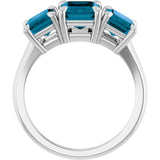 14K White Gold 8x6 mm Emerald Natural London Blue Topaz Three-Stone Ring