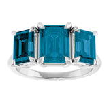14K White Gold 8x6 mm Emerald Natural London Blue Topaz Three-Stone Ring
