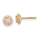 14k Madi K Polished 3mm Round Pink and Clear CZ Halo Screwback Post Earrings