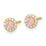 14k Madi K Polished 3mm Round Pink and Clear CZ Halo Screwback Post Earrings